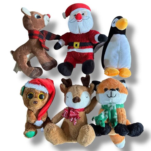 Holiday Christmas Plush Stuffed Animals Lot Rudolph, Santa, Bear, Reindeer, Fox - Picture 1 of 6